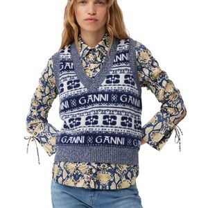 Ganni Navy and White V-Neck Sweater Vest